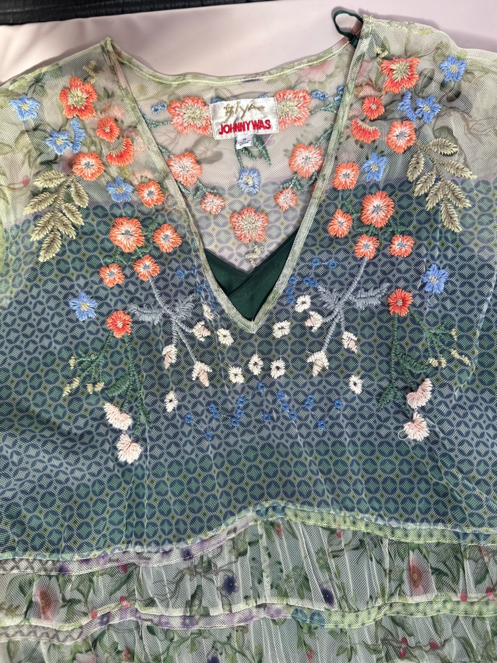 Johnny Was Sheer Floral Embroidered Top in Coral, Blue and Green - Picture 3 of 11